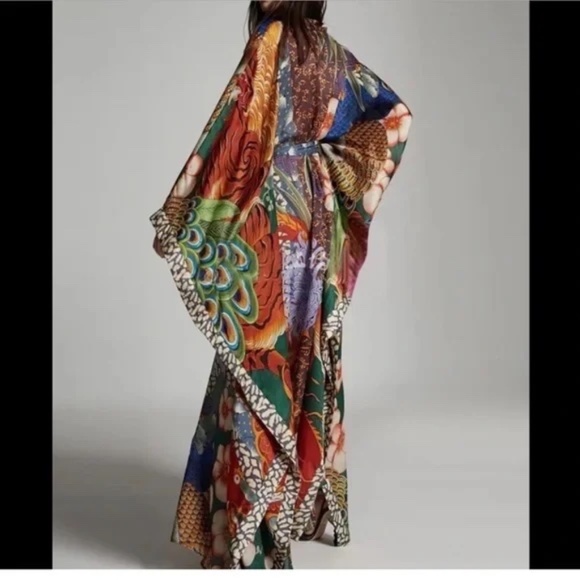 Bohemian Colorful Peacock Dragon Kimono Duster w/Sash Tie festival kaftan dress - Picture 4 of 8
